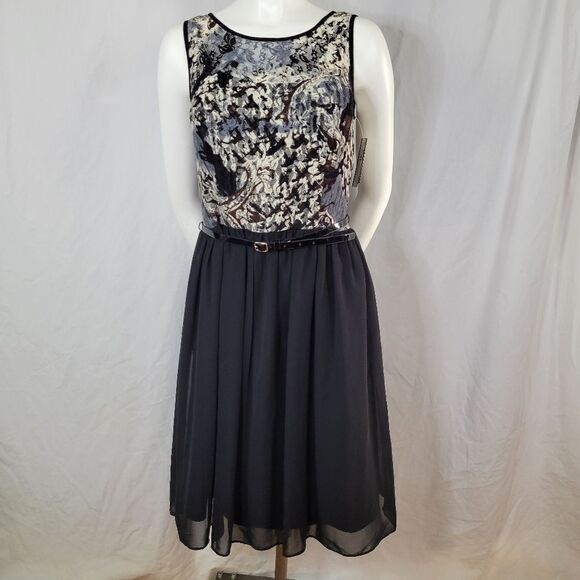 AB Studio Lined‎ Sleeveless Mesh Bodice Zipper Back Belted Dress Size 10 - Picture 1 of 12